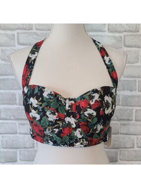 Cherry Cat Red Floral Bikini Top Retro Pinup Plus Size 2XL NEW Swim Beach